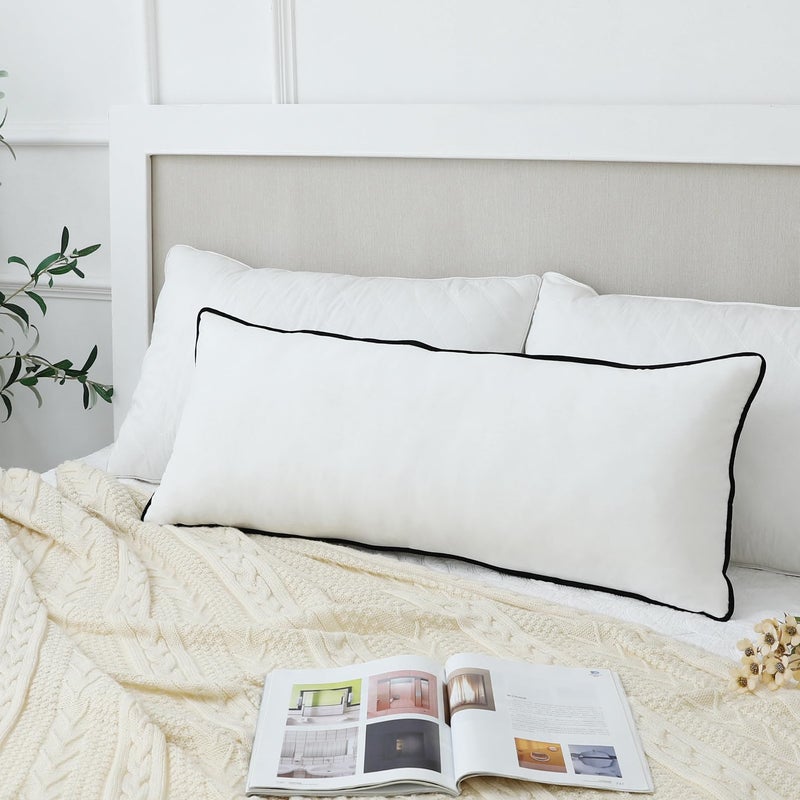 LIGICKY Long Lumbar Pillow Cover 16x36 inch White Velvet Black Rope Edging Throw Pillow Covers Decorative Rectangular Body Pillow Case Accent Textured Cushion Cover for Bed Couch(Cover Only) - Image 1