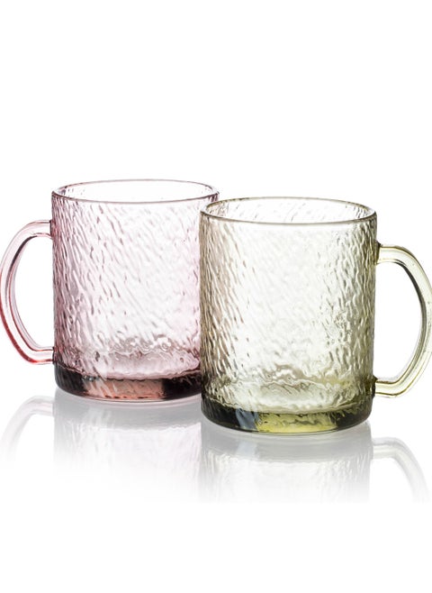 Set of colored glass cups 2 pieces Each piece is a different color to add more A delight to your kitchen.   Capacity: 280ml Height: 9 cm.
