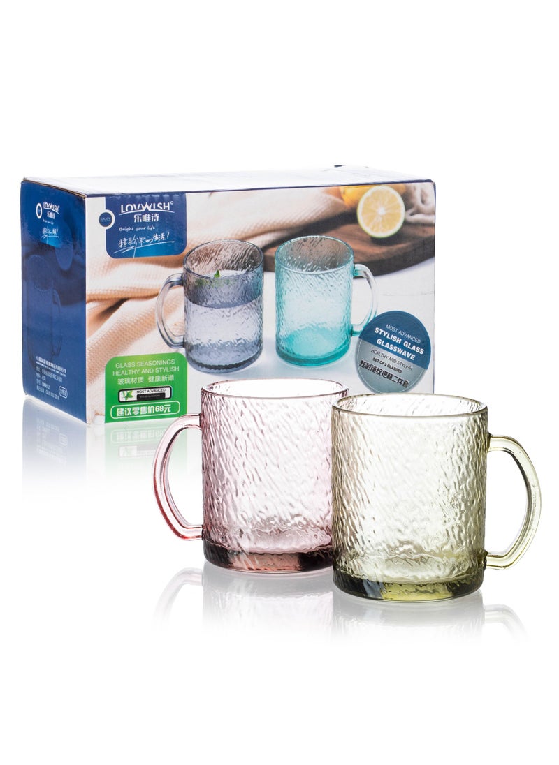 Set of colored glass cups 2 pieces Each piece is a different color to add more A delight to your kitchen.   Capacity: 280ml Height: 9 cm.
