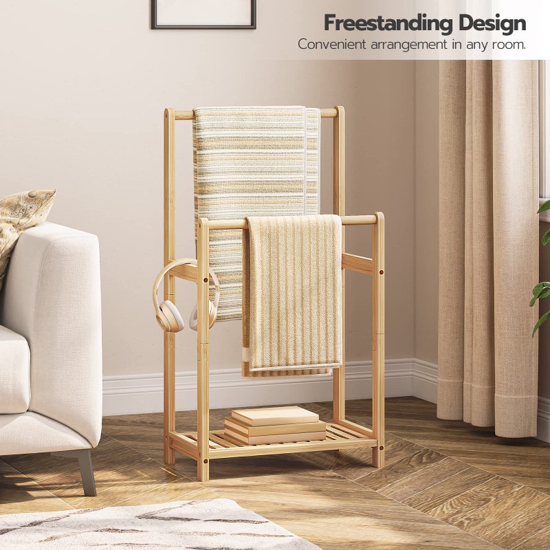 HOOBRO Freestanding Towel Rack for Bathroom, 2 Tier Decorative Bamboo Blanket Rack, Quilt Display Stand with Storage Shelf, 16.5" L x 9.4" W x 30.5" H, Bedroom, Living Room, Natural Color YL02LB01 - Image 3