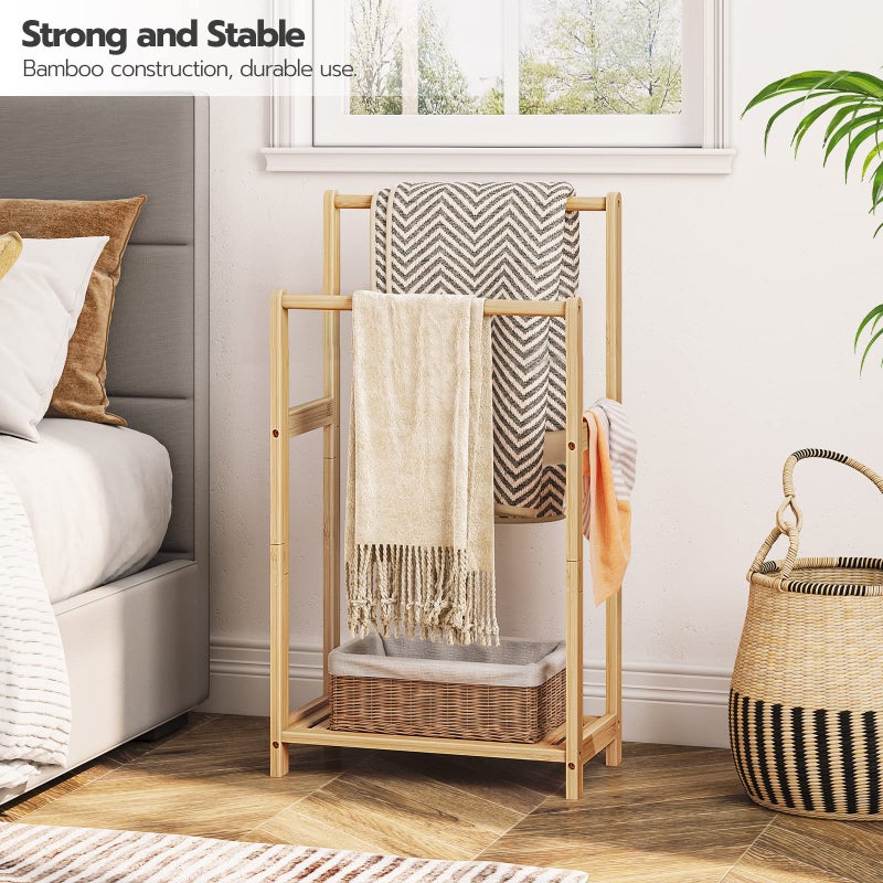 HOOBRO Freestanding Towel Rack for Bathroom, 2 Tier Decorative Bamboo Blanket Rack, Quilt Display Stand with Storage Shelf, 16.5" L x 9.4" W x 30.5" H, Bedroom, Living Room, Natural Color YL02LB01 - Image 2