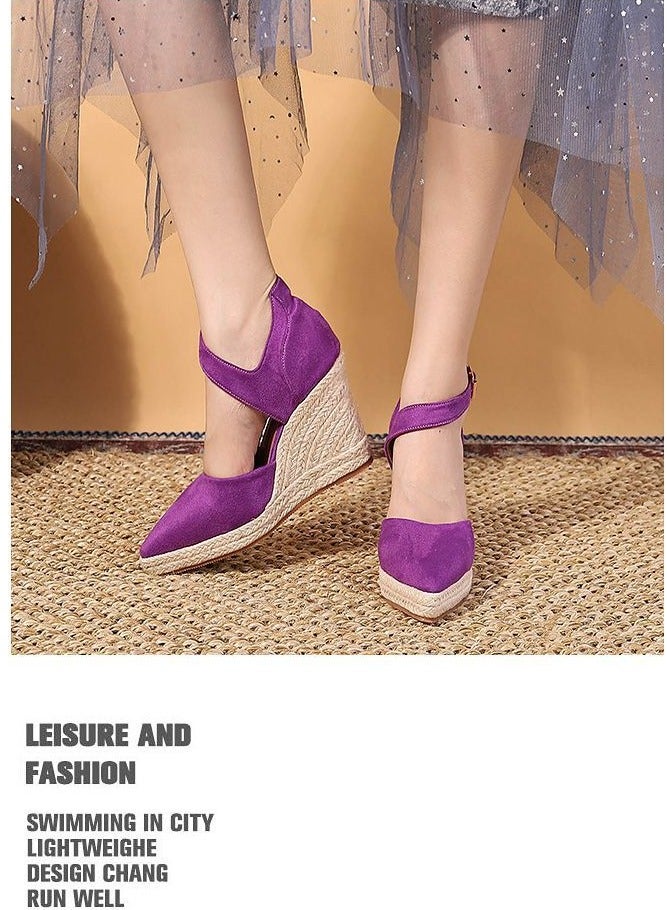 Loquat Women's Platform Espadrilles Wedge Heeled Sandals Ankle Strap Closed Pointed Toe Wedge Shoes Rose Purple  - Image 2