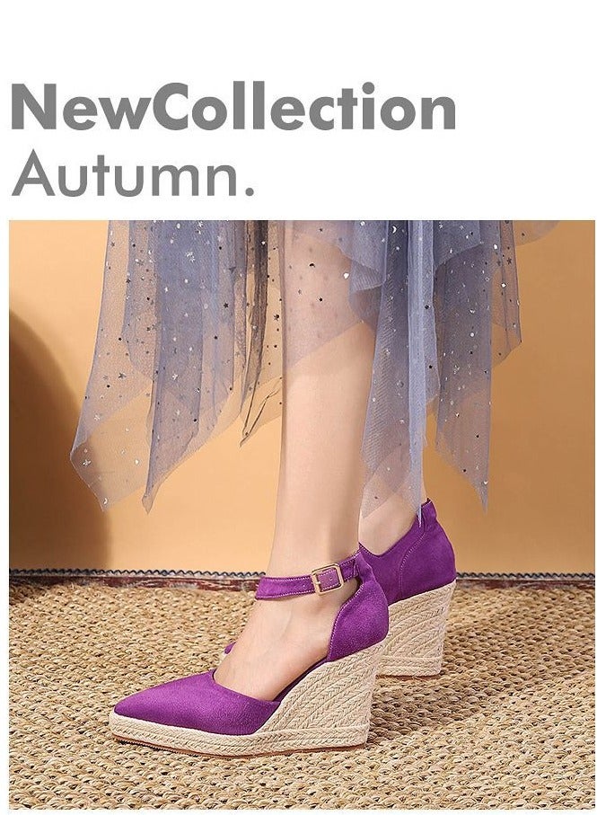Loquat Women's Platform Espadrilles Wedge Heeled Sandals Ankle Strap Closed Pointed Toe Wedge Shoes Rose Purple  - Image 4