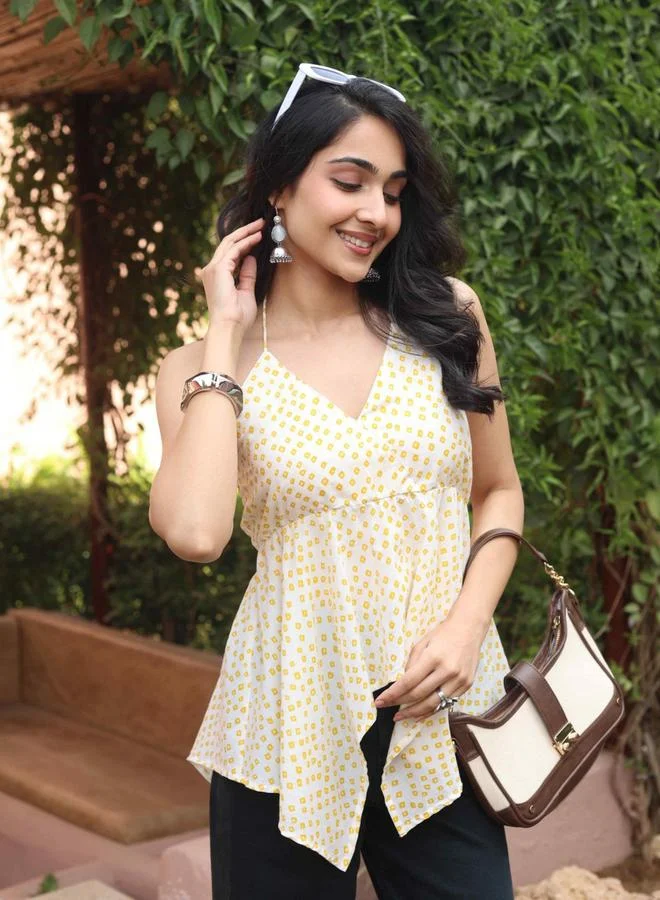 Sanskrutihomes White Graphic Print Sleeveless V-Neck Top