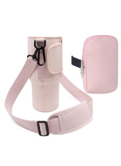 spa luxetique Water Bottle Carrier Bag with Phone Pocket for Stanley 40oz Tumbler with Handle Neoprene Water Bottle Holder Pouch with Adjustable Strap Bollus - Pink  - Image 1