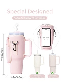 spa luxetique Water Bottle Carrier Bag with Phone Pocket for Stanley 40oz Tumbler with Handle Neoprene Water Bottle Holder Pouch with Adjustable Strap Bollus - Pink  - Image 2