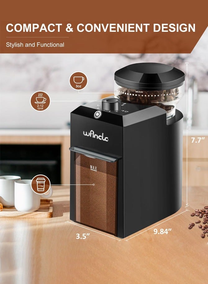 وانكل مطحنة قهوة كهربائية، 28 إعدادًا دقيقًا ومطحنة قهوة مضادة للكهرباء الساكنة، مناسبة لآلات الضغط الفرنسية والقهوة المقطرة والإسبريسو، 12 كوبًا، لون أسود - Image 2