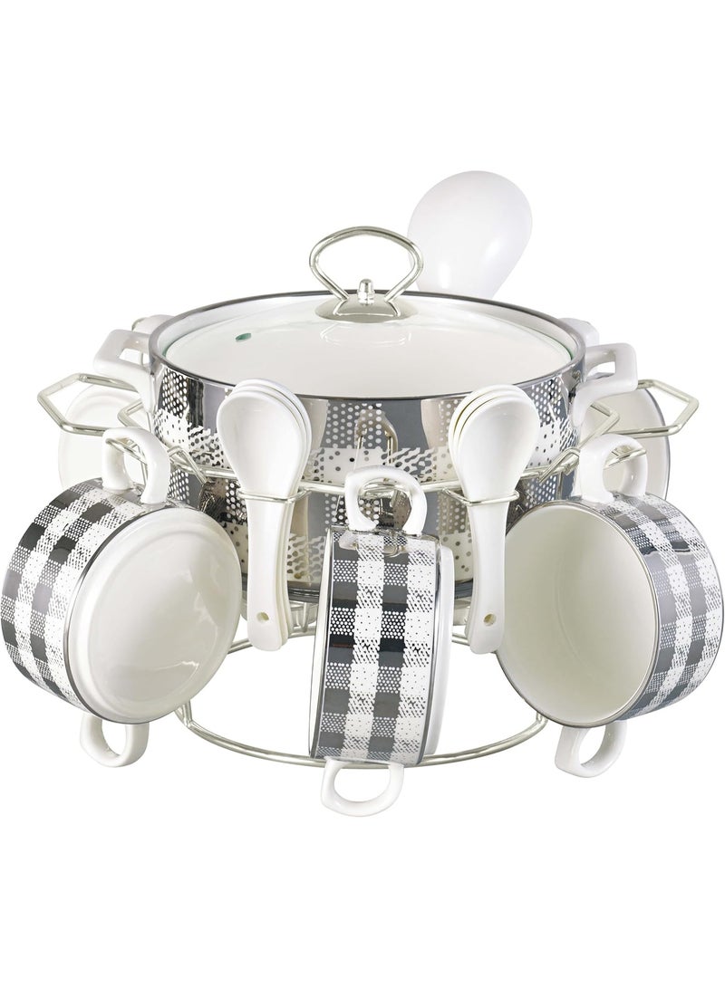 أوركيد طقم شوربة من البورسلين بتصميم زهرة الأوركيد، مكون من 16 قطعة، يشمل وعاء تقديم، وأطباق شوربة، وملاعق، وحامل معدني لتسخين الشموع، طقم أواني شوربة سيراميكية، طقم تقديم شوربة، طقم أدوات مائدة - Image 1