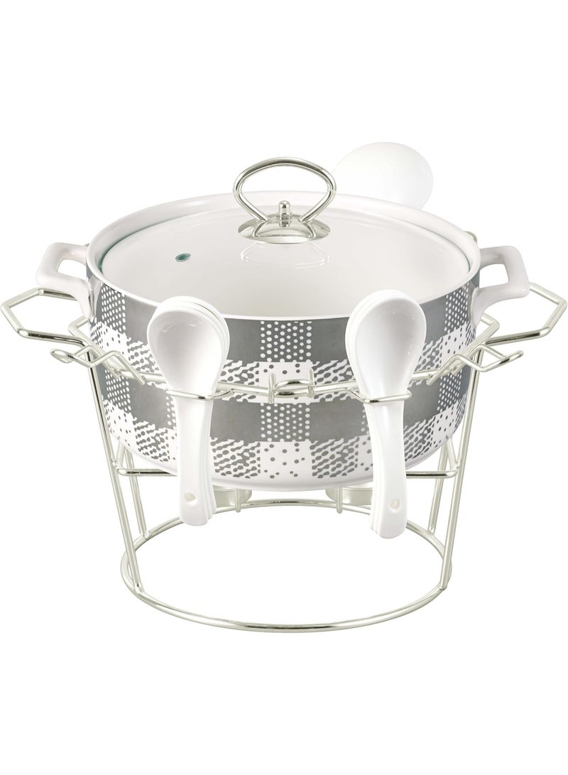 أوركيد طقم شوربة من البورسلين بتصميم زهرة الأوركيد، مكون من 16 قطعة، يشمل وعاء تقديم، وأطباق شوربة، وملاعق، وحامل معدني لتسخين الشموع، طقم أواني شوربة سيراميكية، طقم تقديم شوربة، طقم أدوات مائدة - Image 2