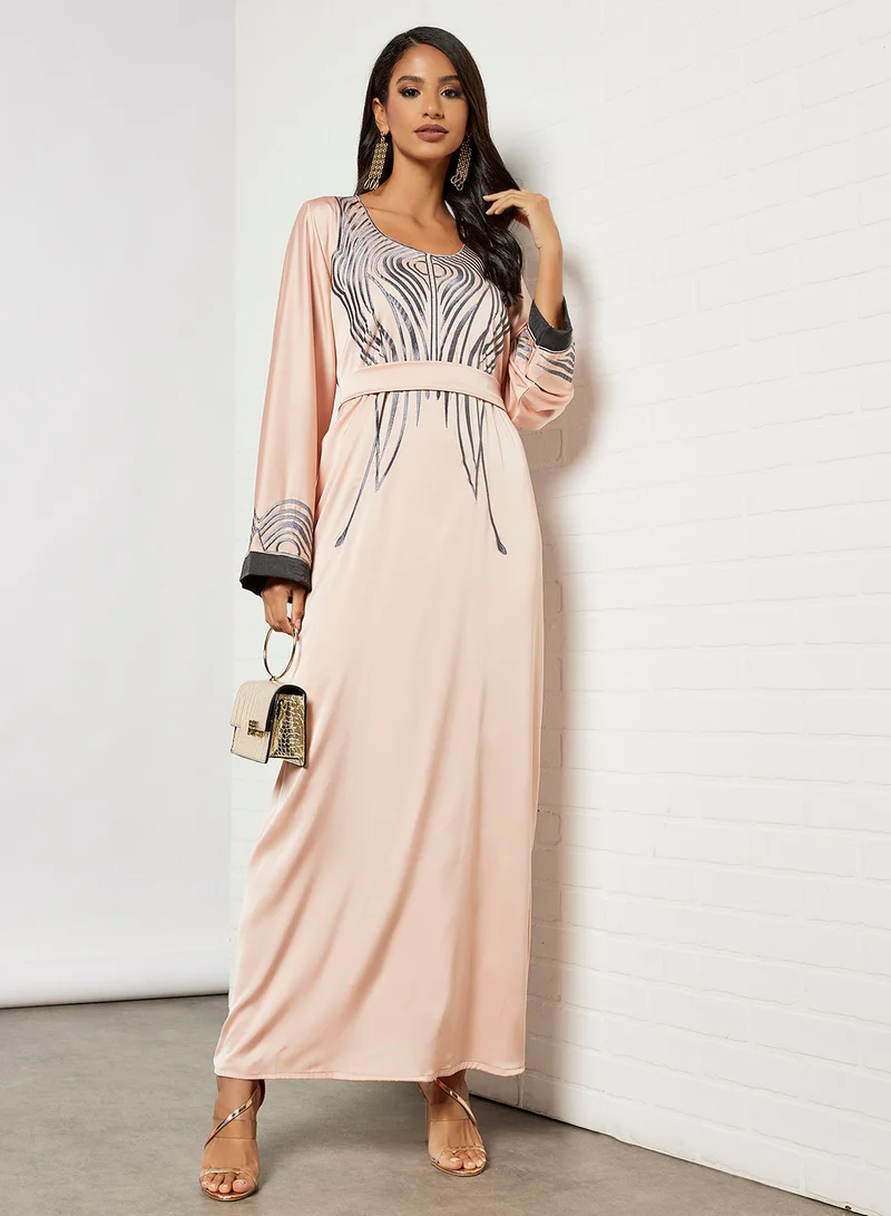Hayat Jalabiya With Abstract Embroidery And Belt