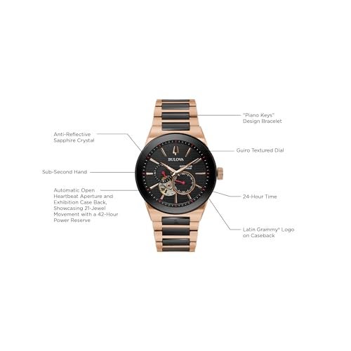 Bulova ساعة بولوفا لاتين غرامي مودرن ميلينيا أوتوماتيك ذات لونين من الفولاذ المقاوم للصدأ، فتحة نبض مفتوحة، ظهر علبة عرض، قرص أسود، (الموديل: 98A236) - Image 2