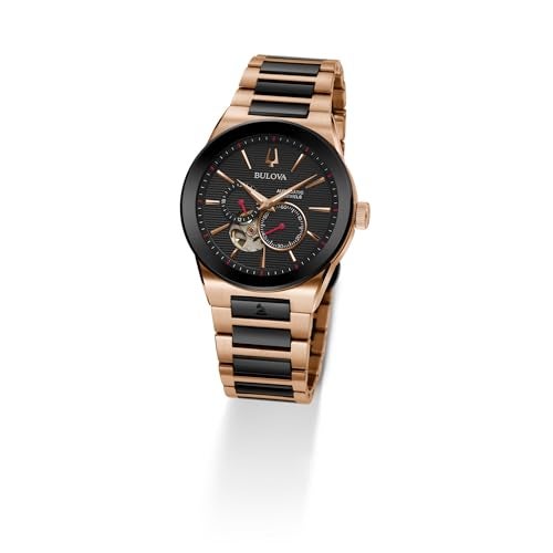 Bulova ساعة بولوفا لاتين غرامي مودرن ميلينيا أوتوماتيك ذات لونين من الفولاذ المقاوم للصدأ، فتحة نبض مفتوحة، ظهر علبة عرض، قرص أسود، (الموديل: 98A236) - Image 3