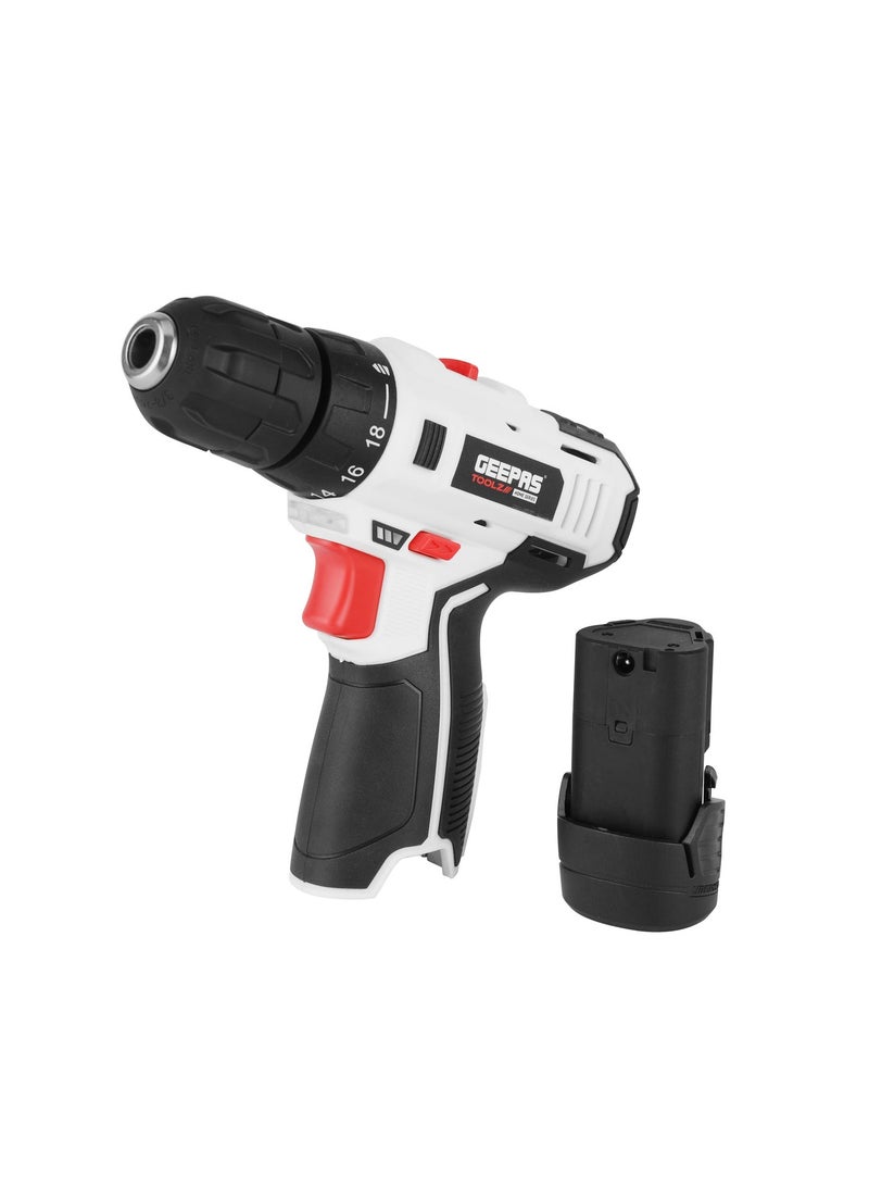 Geepas 12V Cordless Drill- GCD59307/ Chuck Size 10 mm, Perfect for Home and Business, No Load Speed 0-400 / 0-1400 RPM, Comfortable Grip, Ergonomic Design/ Includes Accessories, Battery and Charger/ Black and White - Image 2