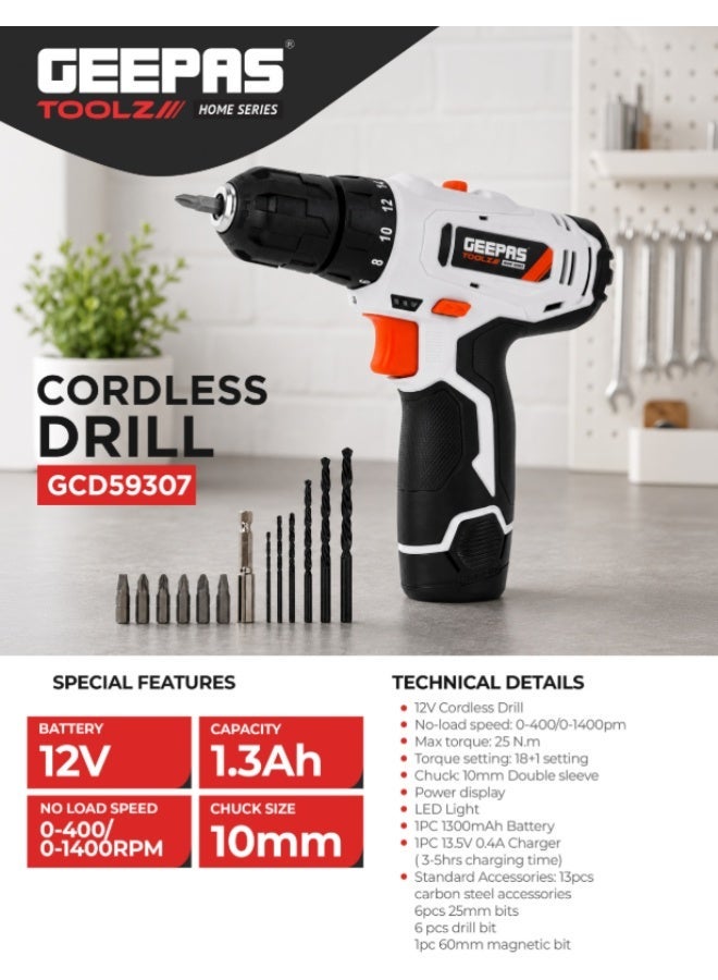 Geepas 12V Cordless Drill- GCD59307/ Chuck Size 10 mm, Perfect for Home and Business, No Load Speed 0-400 / 0-1400 RPM, Comfortable Grip, Ergonomic Design/ Includes Accessories, Battery and Charger/ Black and White - Image 1