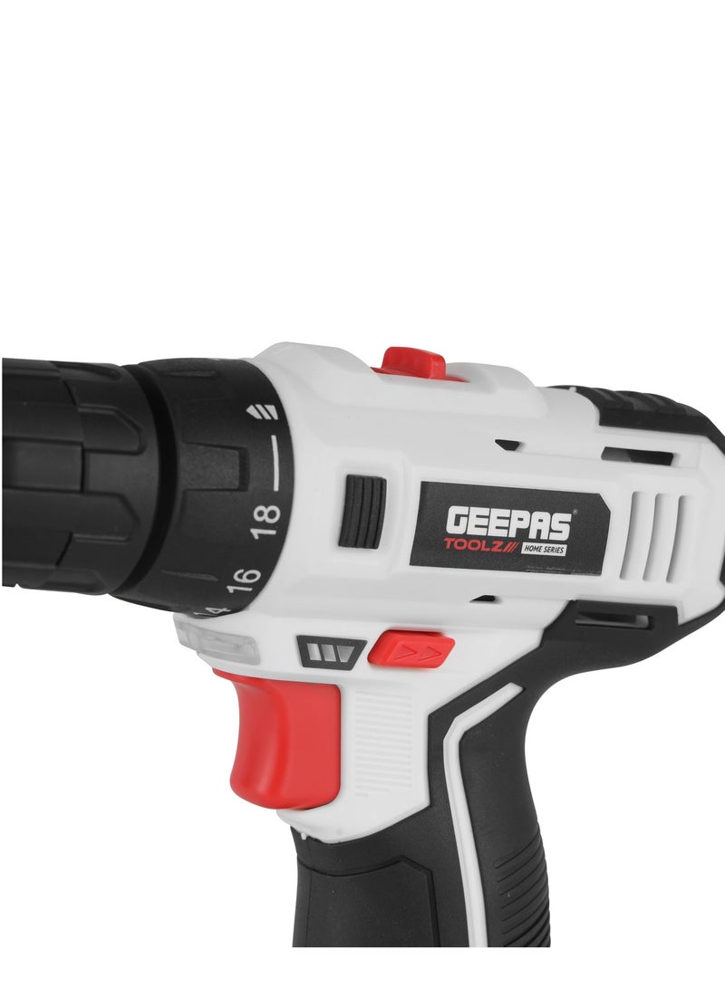Geepas 12V Cordless Drill- GCD59307/ Chuck Size 10 mm, Perfect for Home and Business, No Load Speed 0-400 / 0-1400 RPM, Comfortable Grip, Ergonomic Design/ Includes Accessories, Battery and Charger/ Black and White - Image 5