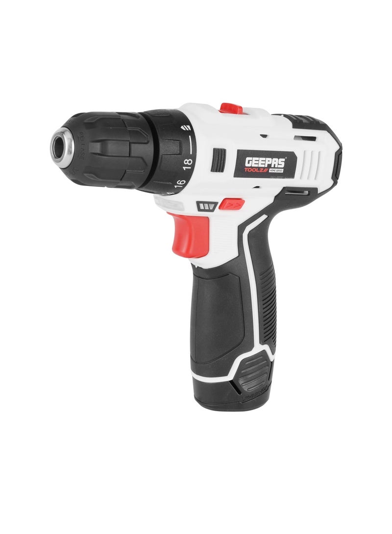Geepas 12V Cordless Drill- GCD59307/ Chuck Size 10 mm, Perfect for Home and Business, No Load Speed 0-400 / 0-1400 RPM, Comfortable Grip, Ergonomic Design/ Includes Accessories, Battery and Charger/ Black and White - Image 3