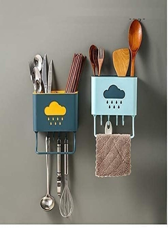 SANGOZ حامل أدوات المائدة البلاستيكي من سلسلة SANGOZ Kitchen Storage Cloud، مناسب للملاعق والمناشف، يُعلق على الحائط، مزود بـ 4 خطافات مع سلة رف ذاتية اللصق (عبوة من قطعة واحدة، متعدد الألوان). - Image 5