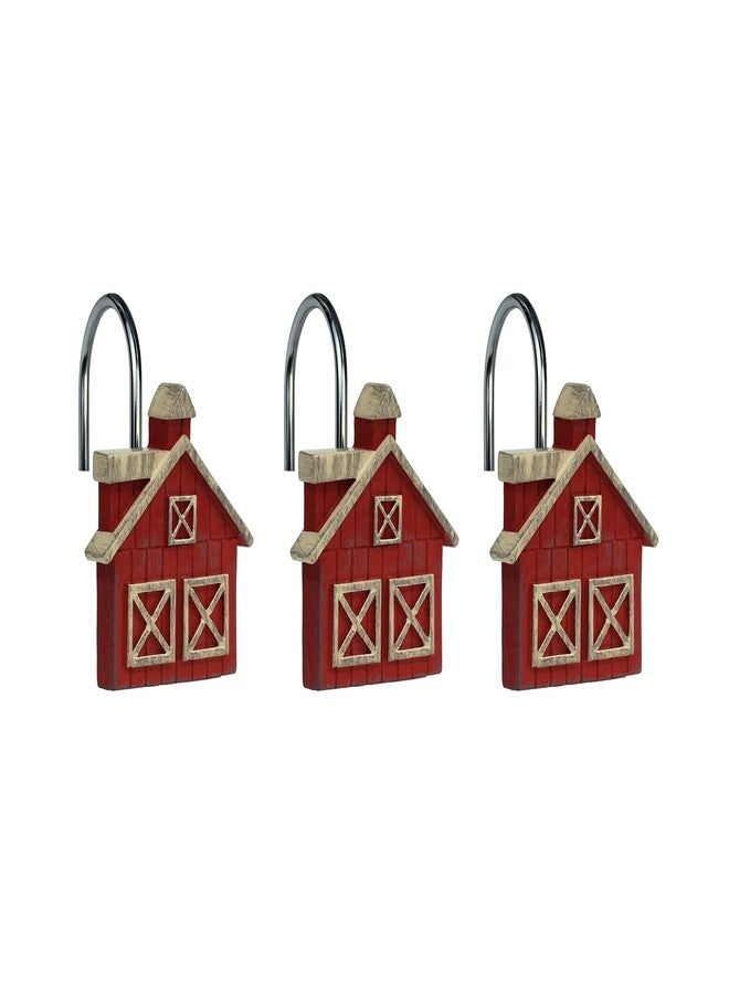 Sunlit Farmhouse Barn Christmas Shower Curtain Hooks, Rustic Red House Decorative Shower Curtain Rings, Resin, Wooden Plank Rural Country Bathroom Decoration Shower Curtain Hooks-12 Pack - Image 2