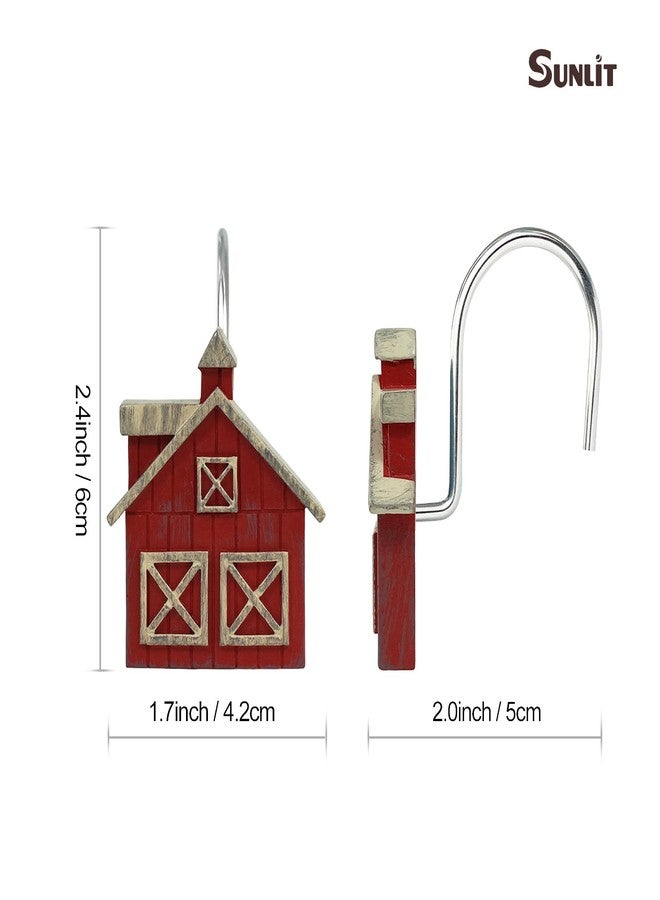 Sunlit Farmhouse Barn Christmas Shower Curtain Hooks, Rustic Red House Decorative Shower Curtain Rings, Resin, Wooden Plank Rural Country Bathroom Decoration Shower Curtain Hooks-12 Pack - Image 3