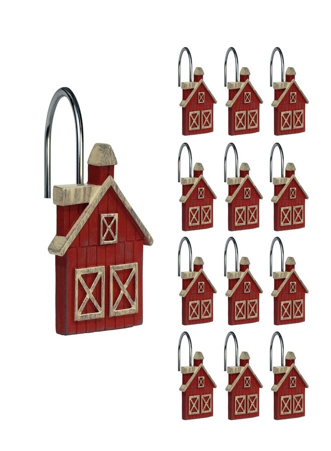Sunlit Farmhouse Barn Christmas Shower Curtain Hooks, Rustic Red House Decorative Shower Curtain Rings, Resin, Wooden Plank Rural Country Bathroom Decoration Shower Curtain Hooks-12 Pack - Image 1