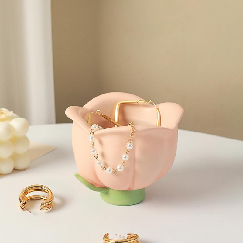 JARPSIRY Cute Jewelry Dish Tray, Resin Flower Shaped Candy Dish, Decorative Bowl, Trinket Box, Key Holder, Desk & Bathroom Organizer for Women (Pink) - Image 2