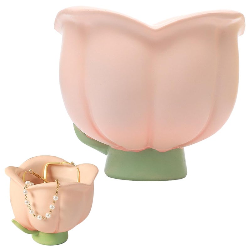 JARPSIRY Cute Jewelry Dish Tray, Resin Flower Shaped Candy Dish, Decorative Bowl, Trinket Box, Key Holder, Desk & Bathroom Organizer for Women (Pink) - Image 1