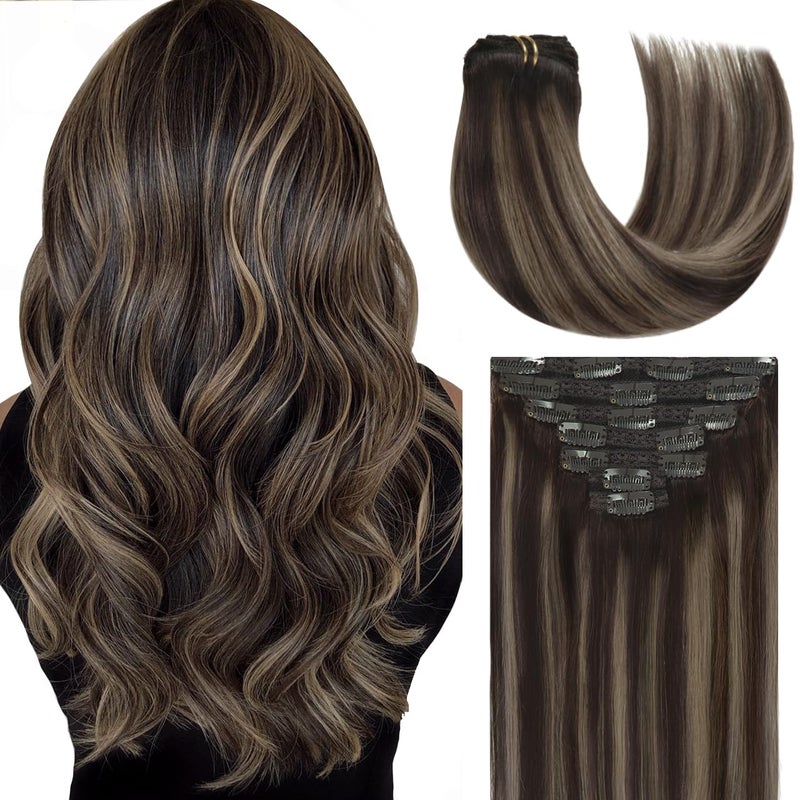 Lacer Hair 14 Inch Full Head Clip in Hair Extensions Human Hair Rooted Dark Brown to Chestnut Brown Highlight Dark Brown Remy Human Hair Extensions Clip ins 120g 7pcs R226