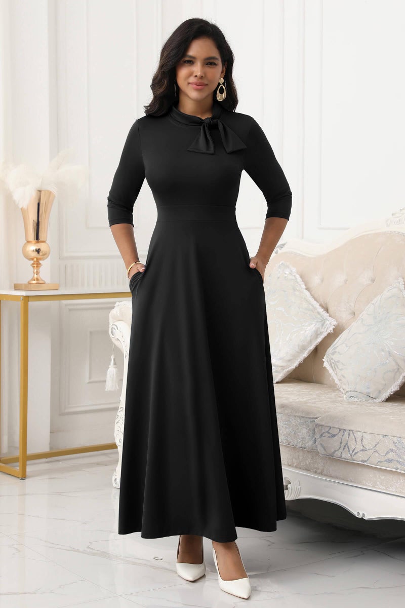 FANDEE Maxi Dress for Women Long Elegant A Line 3/4 Sleeve Bow Tie Neck Casual Party Church Dresses with Pockets Black XL - Image 4
