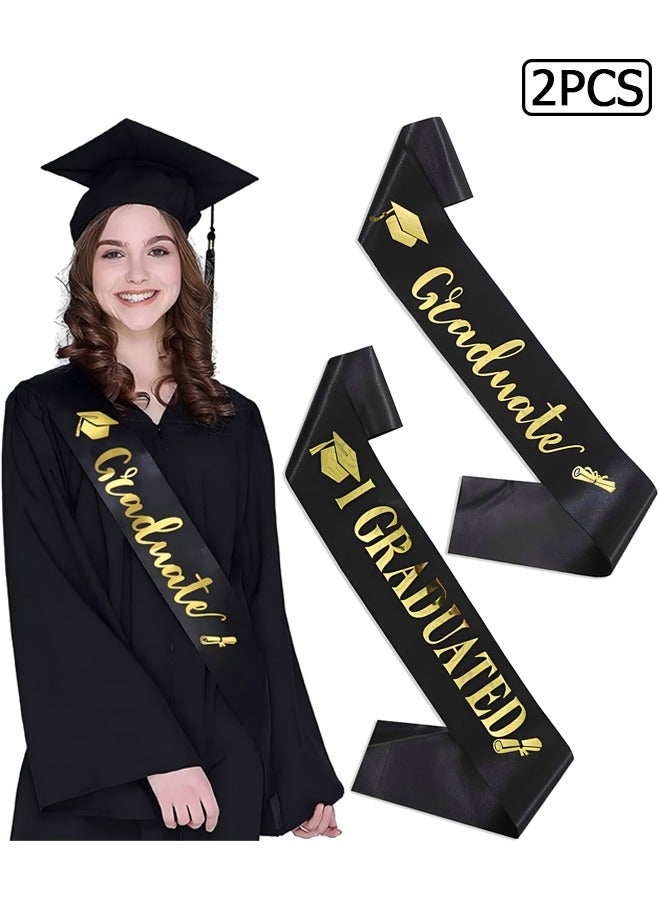 Wffo 2-Piece Graduation Sash Sets - I Graduated Sash - Graduate Sash - Congratulations Graduates - Glitter Letter Sash - Suitable for Graduation Party Supplies and Gifts - Black and Gold - Image 1