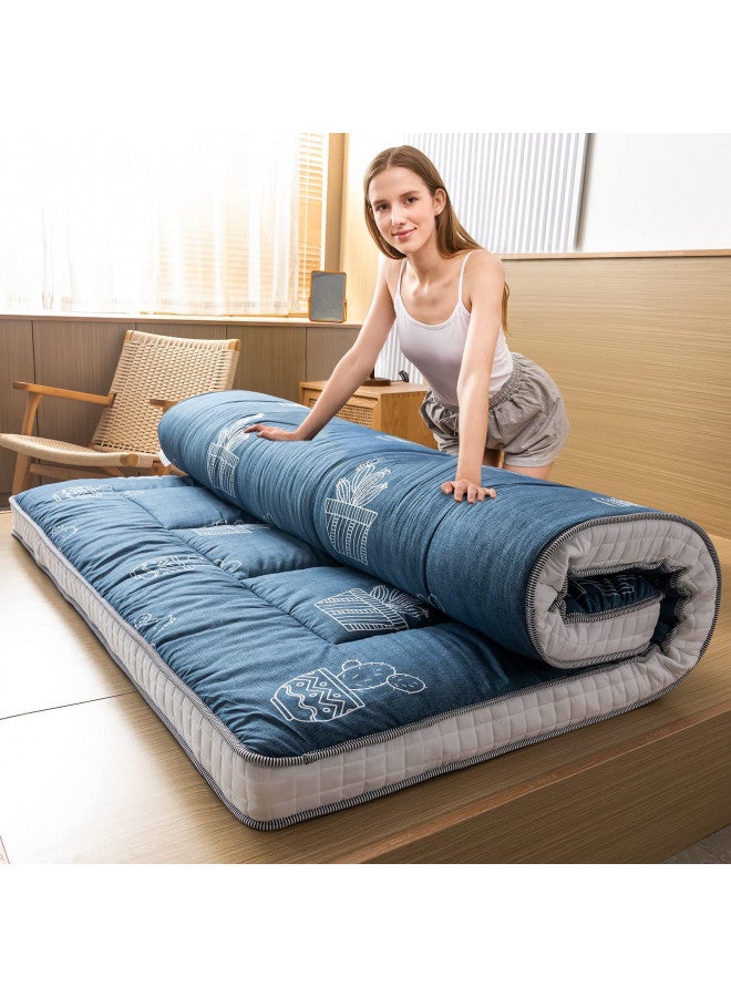 MAXYOYO Futon Mattress, Grey Cactus Pattern Japanese Floor Mattress Queen Size, Quilted Bed Mattress Tatami Mattress, Extra Thick Folding Sleeping Pad Breathable Guest Bed for Camping Couch - Image 1
