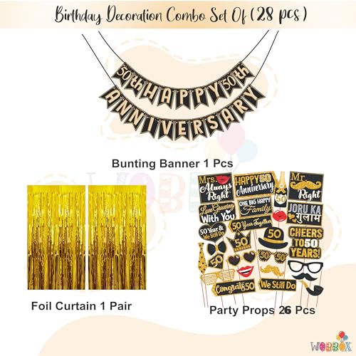 Wobbox Happy Anniversary Bunting Banner Black & Copper Gold Text with Hanging Stars 50th Year with Happy Anniversary Party Props & Golden Colour Foil Fringe, Happy Anniversary Decoration Item - Image 2