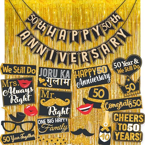 Wobbox Happy Anniversary Bunting Banner Black & Copper Gold Text with Hanging Stars 50th Year with Happy Anniversary Party Props & Golden Colour Foil Fringe, Happy Anniversary Decoration Item - Image 1