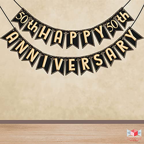 Wobbox Happy Anniversary Bunting Banner Black & Copper Gold Text with Hanging Stars 50th Year with Happy Anniversary Party Props & Golden Colour Foil Fringe, Happy Anniversary Decoration Item - Image 4