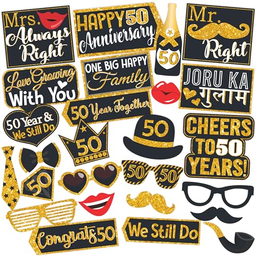 Wobbox Happy Anniversary Bunting Banner Black & Copper Gold Text with Hanging Stars 50th Year with Happy Anniversary Party Props & Golden Colour Foil Fringe, Happy Anniversary Decoration Item - Image 5
