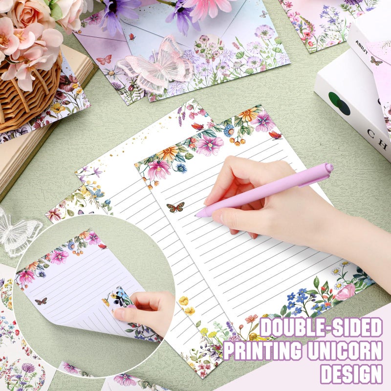 TaoBary 160 Pcs Stationery Paper Set 50 Double Sided Stationery Papers with 50 Matching Envelopes and 60 Round Dot Sticker, 10 Design(Wildflower,5.5 x 8.25 Inch) - Image 2