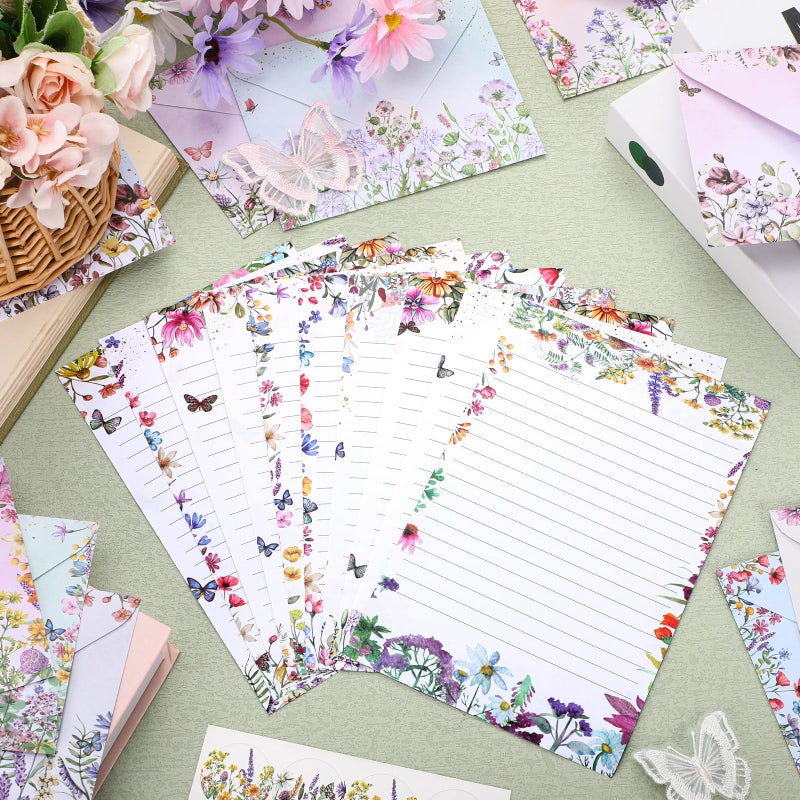 TaoBary 160 Pcs Stationery Paper Set 50 Double Sided Stationery Papers with 50 Matching Envelopes and 60 Round Dot Sticker, 10 Design(Wildflower,5.5 x 8.25 Inch) - Image 5