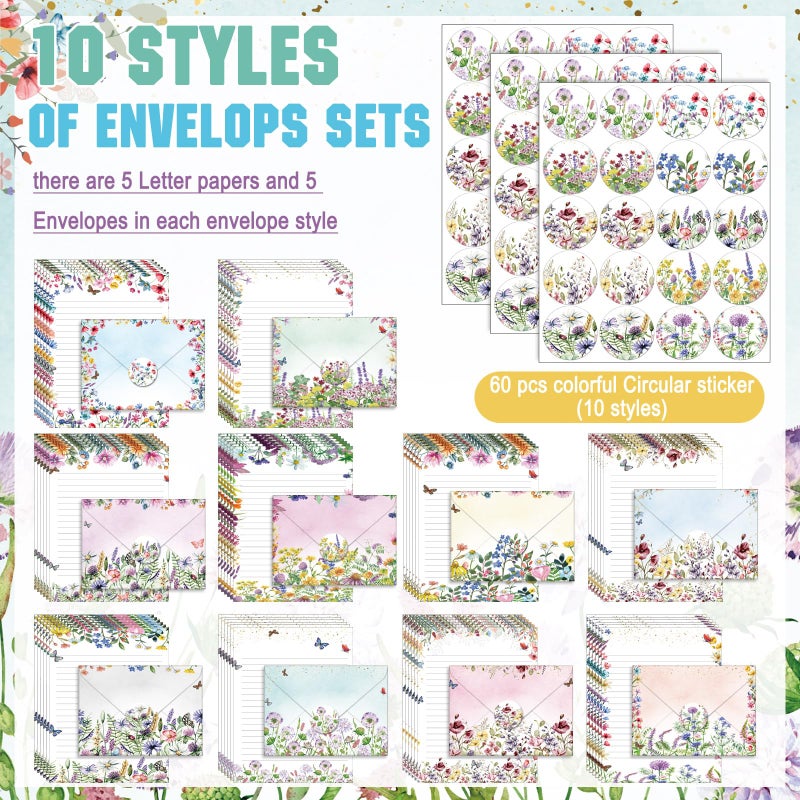 TaoBary 160 Pcs Stationery Paper Set 50 Double Sided Stationery Papers with 50 Matching Envelopes and 60 Round Dot Sticker, 10 Design(Wildflower,5.5 x 8.25 Inch) - Image 4