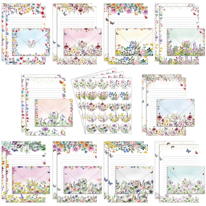 TaoBary 160 Pcs Stationery Paper Set 50 Double Sided Stationery Papers with 50 Matching Envelopes and 60 Round Dot Sticker, 10 Design(Wildflower,5.5 x 8.25 Inch) - Image 1