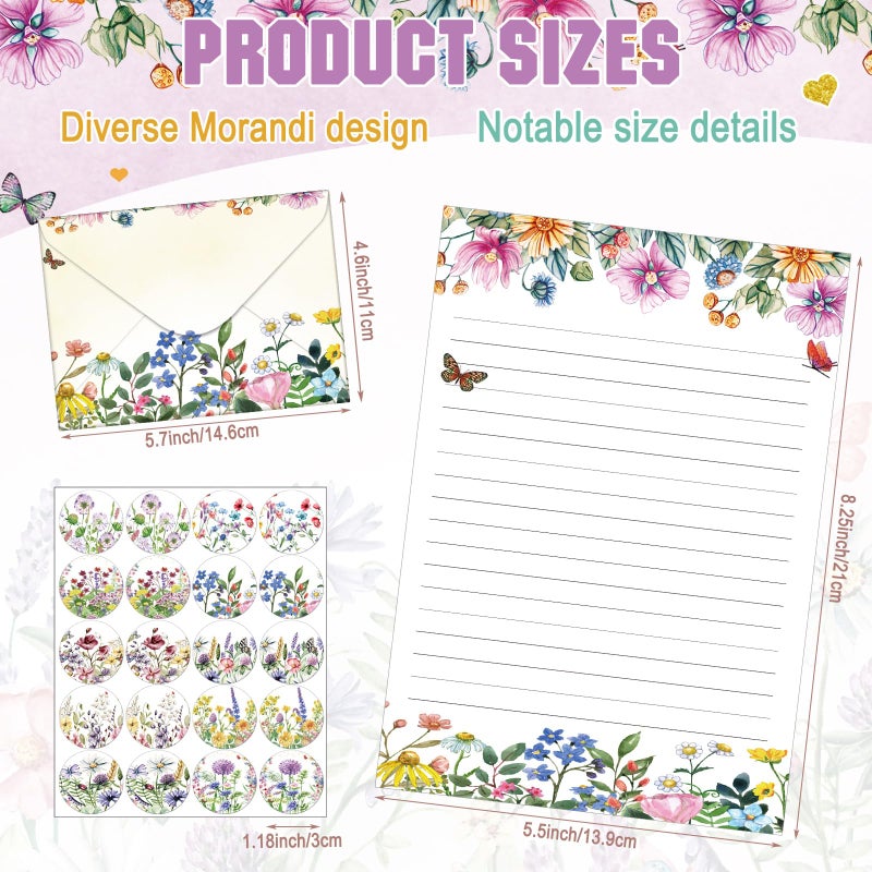 TaoBary 160 Pcs Stationery Paper Set 50 Double Sided Stationery Papers with 50 Matching Envelopes and 60 Round Dot Sticker, 10 Design(Wildflower,5.5 x 8.25 Inch) - Image 3