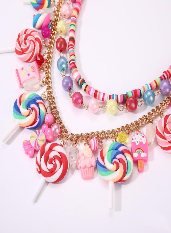 HSWE Candy Layered Necklaces for Women Novelty Colorful Beads Lollipop Sweet Candy Bear Ice Cream Dessert Cake Pendant Choker Necklace for Birthday Halloween Holiday Party Jewelry Gift, adjustable - Image 2