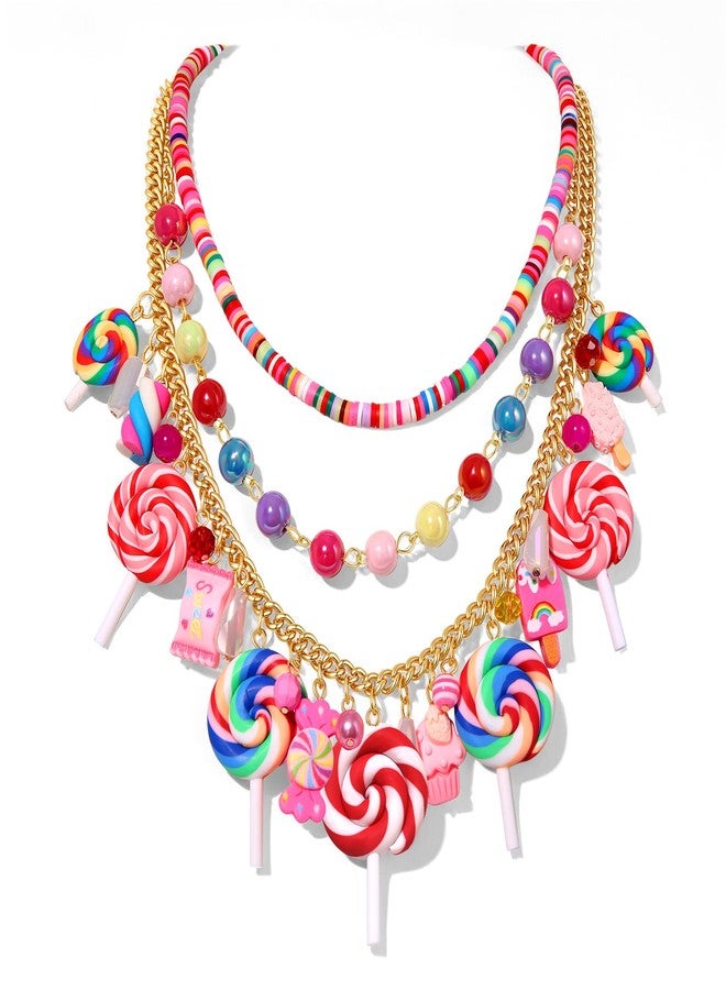 HSWE Candy Layered Necklaces for Women Novelty Colorful Beads Lollipop Sweet Candy Bear Ice Cream Dessert Cake Pendant Choker Necklace for Birthday Halloween Holiday Party Jewelry Gift, adjustable - Image 1