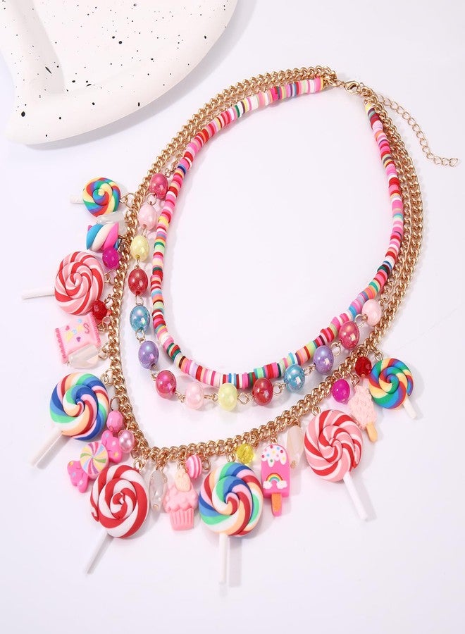 HSWE Candy Layered Necklaces for Women Novelty Colorful Beads Lollipop Sweet Candy Bear Ice Cream Dessert Cake Pendant Choker Necklace for Birthday Halloween Holiday Party Jewelry Gift, adjustable - Image 4