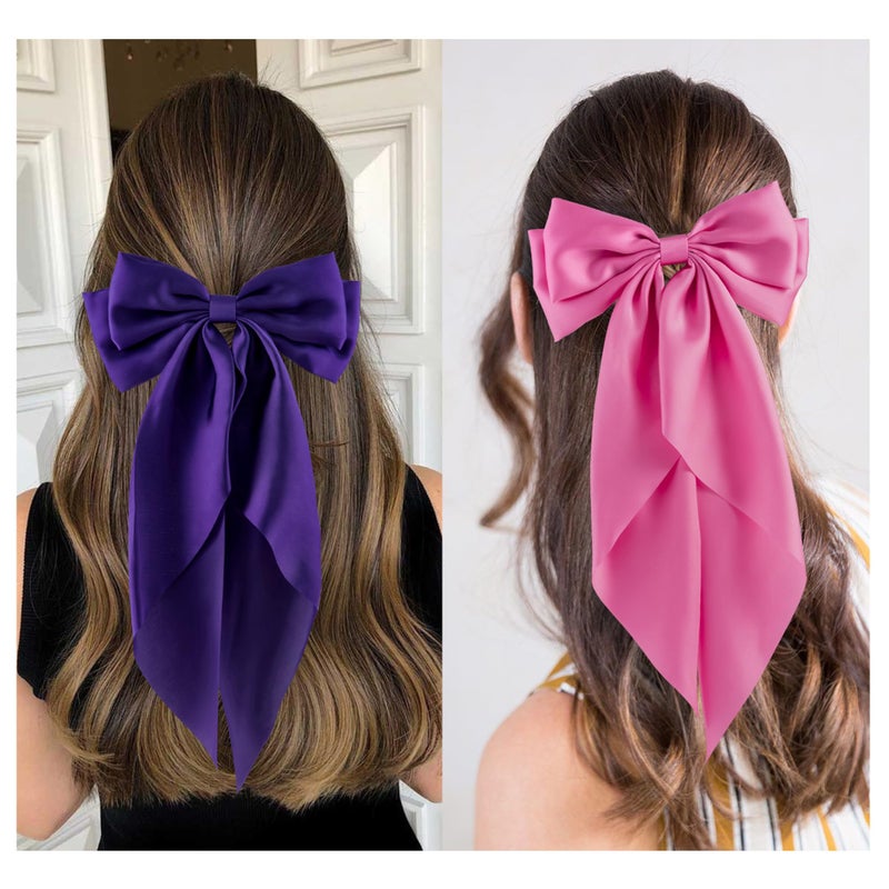 hisial 6Pcs Large Bows Hair Clips for Women Girls Long Tail Hair Ribbon Silky Satin Barrettes Coquette Hair Bows Accessories (Pink/Deepblue/Purple/Orange/Hot Pink) - Image 3
