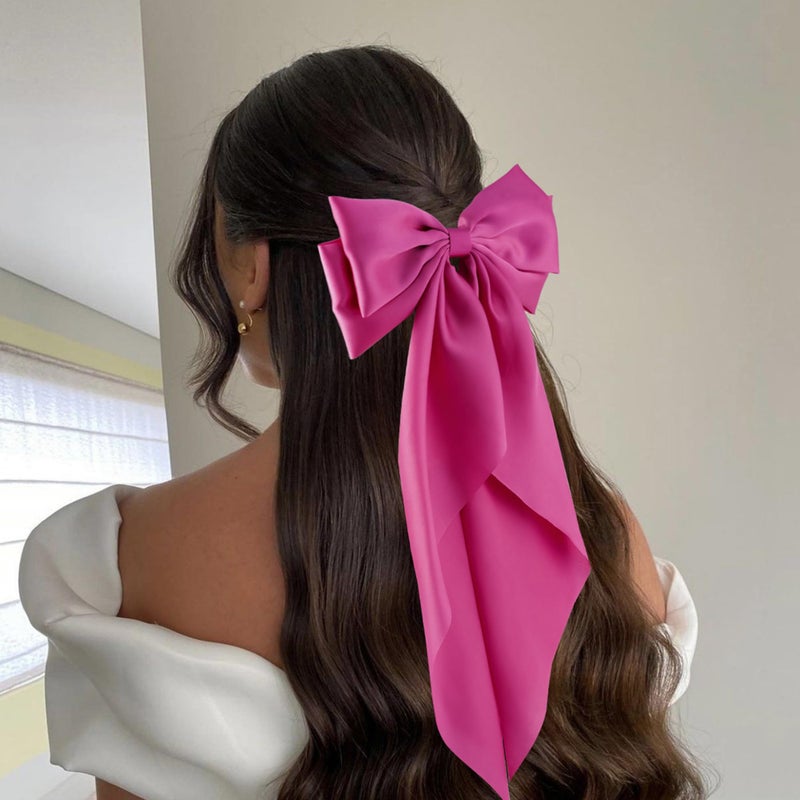 hisial 6Pcs Large Bows Hair Clips for Women Girls Long Tail Hair Ribbon Silky Satin Barrettes Coquette Hair Bows Accessories (Pink/Deepblue/Purple/Orange/Hot Pink) - Image 4