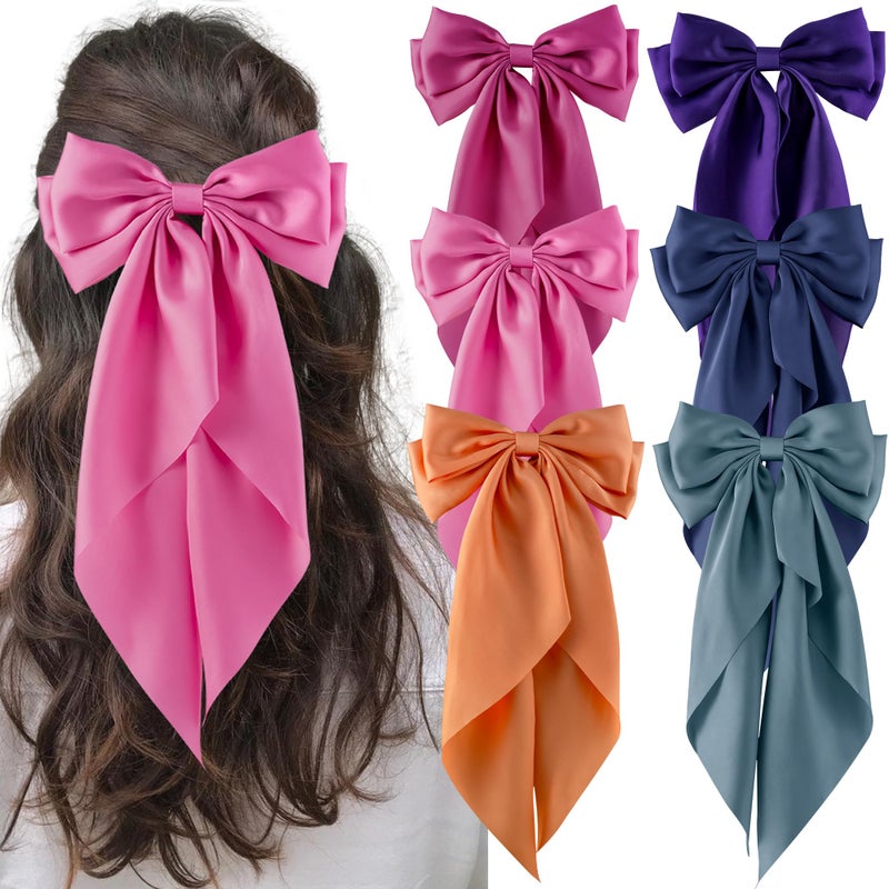 hisial 6Pcs Large Bows Hair Clips for Women Girls Long Tail Hair Ribbon Silky Satin Barrettes Coquette Hair Bows Accessories (Pink/Deepblue/Purple/Orange/Hot Pink) - Image 1