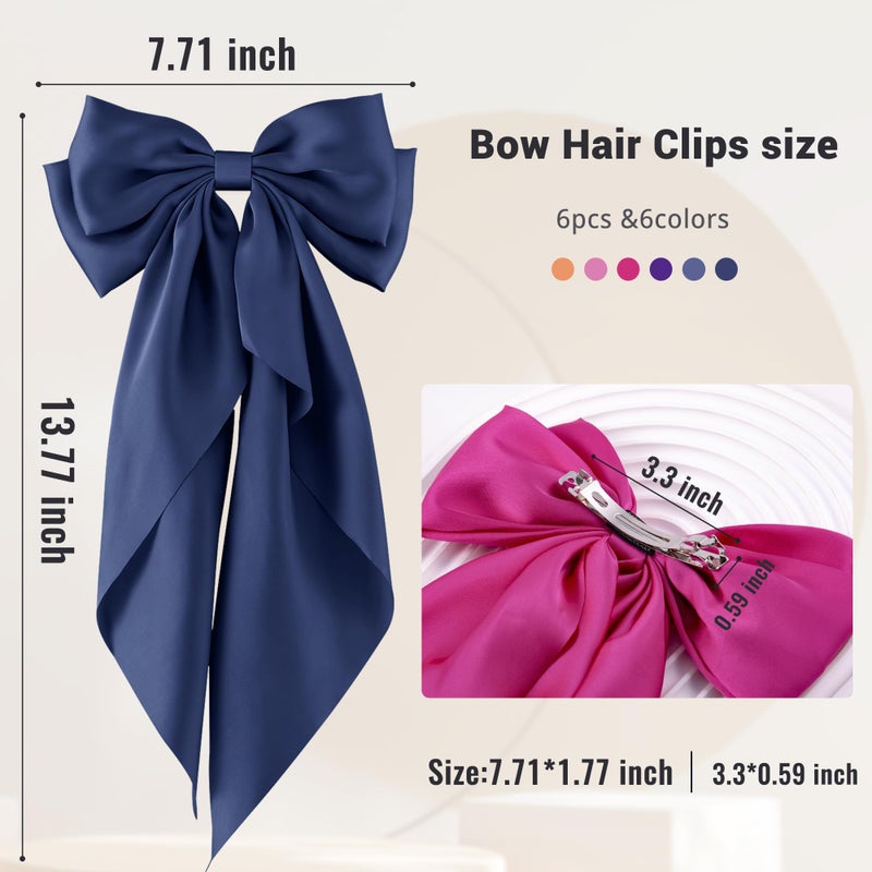 hisial 6Pcs Large Bows Hair Clips for Women Girls Long Tail Hair Ribbon Silky Satin Barrettes Coquette Hair Bows Accessories (Pink/Deepblue/Purple/Orange/Hot Pink) - Image 2