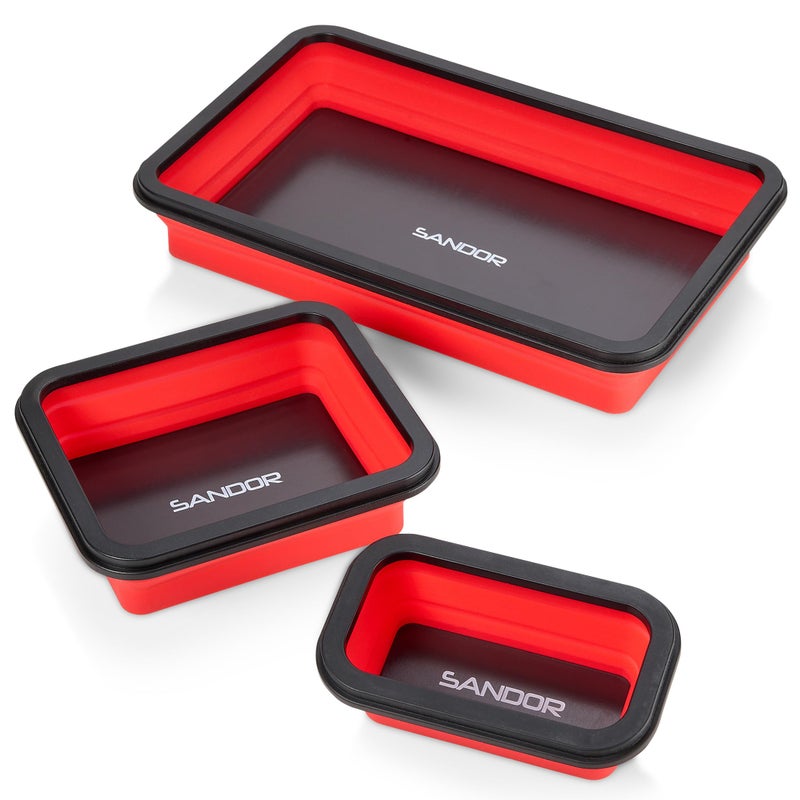 Collapsible Magnetic Parts Tray Set 3 Different Size Tool Trays for Screw Bolts Nuts Washers Pins and Other Small Metal Parts Mechanic Tool Gifts for Men Red