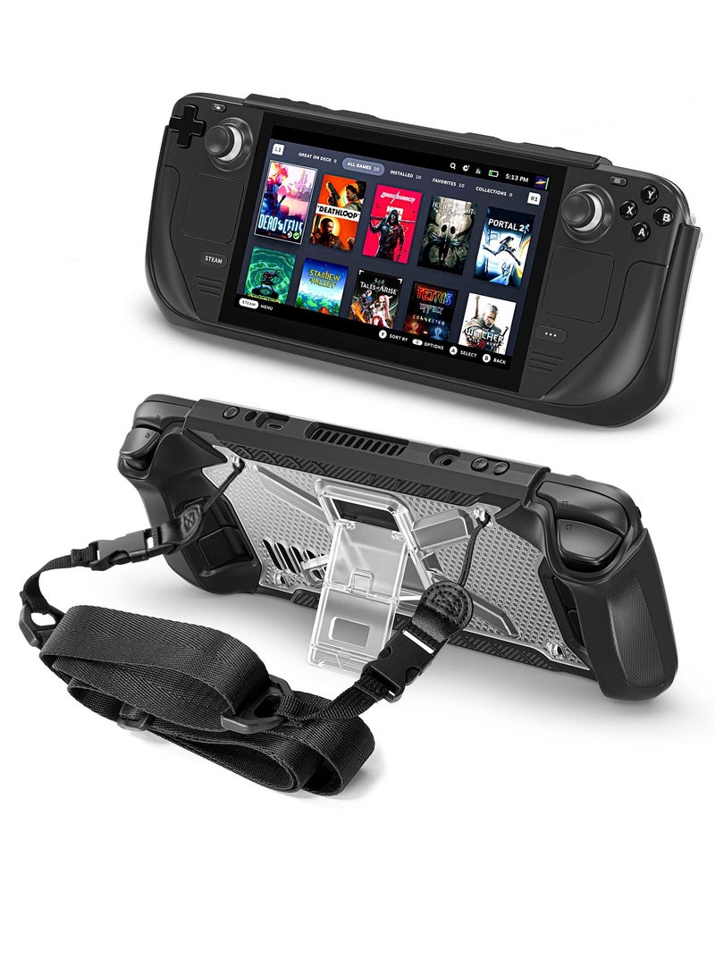 Steam Deck Case with Fold Kickstand TPU Protector Cover Accessories with Stand and Shoulder Strap Shock Absorption Anti Scratch Non Slip Rugged Armor designed for Steam Deck case Transparent  - Image 1