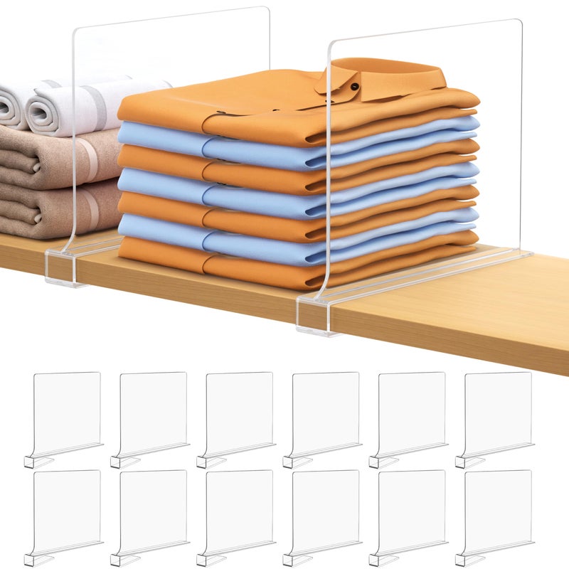 12 PCS Shelf Dividers for Closet Organization Acrylic Clear Closet Shelf Divider for Wooden Shelving Suitable for Wooden or Vertical Shelves Or Bedroom Kitchen and Office