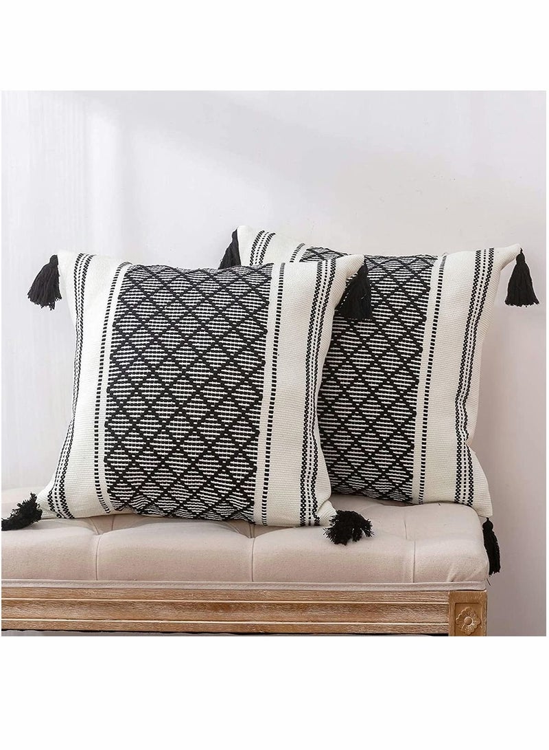 Excefore Set of 2 Boho Neutral Decorative Throw Pillow Covers 18x18 Inch  Cotton Woven Diamond Jacquard Pattern Pillow Cases for Couch Sofa Bedroom Car Modern Accent Square Pillowcase Black - Image 1